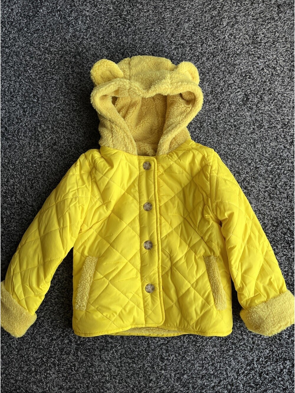 Bright Yellow Quilted Fleece-lined Toddler Jacket Hooded Teddy Bear Ears 3Y